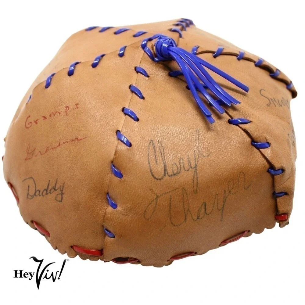 Vintage Child Size Brown Leather Beanie Cap w Family Friends Autographs -Hey Viv